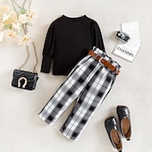 preiswerte Sets-Mädchen 3D Feste Farbe Plaid T-Shirt &amp; Hose Set Langarm Sommer Brautkleider schlicht Streetstyle Baby 1-5 Jahre Rundhalsausschnitt Outdoor Lockere Passform