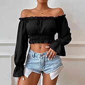 preiswerte Damen Einfache Oberteile-Hemd Bluse Damen Schwarz Glatt Bauchfreies Top Strasse Täglich Modisch Schulterfrei Regular Fit S