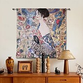billige Jacquard vevde gobeliner-jacquard vevd billedvev gobelin aubusson veggkunst hengende aubusson stor billedvev reproduksjon vevstol bomullsvev dame med vifte belgisk billedvev (uten dusker og stang)