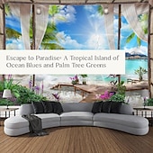 Недорогие Тапестри́ на океа́нском пляже-Window Landscape Wall Tapestry Art Decor Blanket Curtain Hanging Home Bedroom Living Room Decoration Coconut Tree Sea Ocean Beach