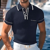 cheap Men&#039;s Classic Polo-Men&#039;s Knit Polo Sweater Pullover Casual Lapel Short Sleeve Beach Old Money Style Lines / Waves Pocket Summer Spring Black Navy Blue Brown Chocolate Knit Polo Sweater