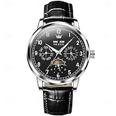 cheap Mechanical Watches-OLEVS Men Mechanical Watch Fashion Business Wristwatch Automatic Self-winding Moon phase Luminous Perpetual Calendar Leather Watch