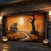 tanie Halloween pokrycie drzwi garażowych-dekoracje drzwi halloweenowych na zewnątrz halloweenowy baner na drzwi garażowe jack o lantern duży gobelin dekoracja tła na święta zewnętrzne drzwi garażowe dekoracje ścienne domu