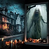 cheap Halloween Wall Tapestries-Halloween Window Cover Decorations, Fabric Ghost Bride Creepy Halloween Curtain Horror Movie Poster Window Door Covering Decor for Haunted House, Scary Halloween Window Clings Decals Indoor Outdoor