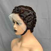billiga Perukfronter av äkta hår, med nät-13x4 pixie cut peruk människohår blekta knutar spets frontal pixie peruk med baby hår lockigt bob kort pixie cut spets peruk