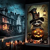 levne halloweenské nástěnné tapisérie-dekorace na halloweenská okna, látková lebka z ohně plakát na halloweenskou záclonu na okenní dveře dekorace pro strašidelný dům, strašidelné nálepky na halloweenská okna vnitřní venkovní