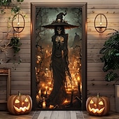 billige Halloween dørdeksler-halloween dørdekorasjoner halloween dørdeksler skjelett heks dør billedvev dør gardin dekorasjon bakteppe dør banner for inngangsdør gårdshus ferie fest innendørs utendørs dekor forsyninger