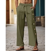 cheap Luxury Linen Pants-40% Linen Men&#039;s Linen Pants Trousers Summer Pants Drawstring Elastic Waist Side Button Plain Breathable Comfortable Office / Career Daily Vacation Classic Casual Black White