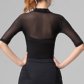 cheap Tops &amp; Sets-Latin Dance Top Pure Color Splicing Tulle Women&#039;s Performance Training Half Sleeve High Polyester