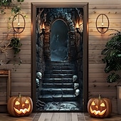 billige Halloween dørdeksler-halloween dørdekorasjoner halloween dørdeksler skummel dyster dør billedvev dør gardin dekorasjon bakteppe dør banner for inngangsdør gårdshus ferie fest innendørs utendørs dekor forsyninger