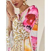 cheap Print Casual Dress-Satin Leopard Print Button Up Crew Neck Casual Daily Maxi Dress