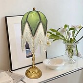 cheap Bedside Lamp-LED Table Lamp 3-Color Light Source Tassel Retro Fabric Bedside Lamp Premium Classic Victorian Style Nightstand Lamp with Beaded Fringe Trim for Bedroom Study 110-240V