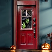 billige Halloween dørdeksler-halloween dørdekorasjoner halloween dørdeksler hekser dør billedvev dør gardin dekorasjon bakteppe dør banner for inngangsdør gårdshus ferie fest innendørs utendørs dekor forsyninger