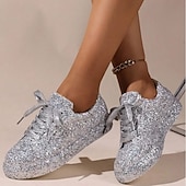 olcso Női tornacipők-Női Tornacipők Bling Bling cipők Fantasy cipők Csillogó cipő Szabadtéri Napi Flitter Lapos Kerek orrú Divat Sportos Alkalmi Csillám PU Fűzős Ezüst Fekete