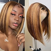 voordelige Pruiken van echt haar, met kanten voorzijde-highlight 13*4*1 p4/27 remy haar korte bob ombre menselijk haar pruiken blonde pruik rechte bob pruik