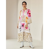 cheap Print Casual Dress-Satin Leopard Print Button Up Crew Neck Casual Daily Maxi Dress