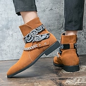 preiswerte Biker -Stiefel-Wildlederstiefeletten für Herren mit Riemen mit Totenkopf-Print und Kettendetail – stilvolles Western-inspiriertes Design für die Freizeit und Festivals