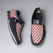 abordables Occasionnel-mocassins à enfiler à carreaux marron et blanc pour hommes avec similicuir et toile, chaussures décontractées confortables à porter au quotidien