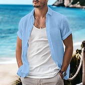 cheap Vacation-Men&#039;s Shirt Linen Shirt Summer Shirt Casual Shirt Beach Shirt Button Down Shirt Plain Vacation Curise Black White Light Green Pink Short Sleeve Lapel Summer Clothing Apparel