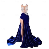 cheap Weddings &amp; Events-Mermaid Evening Gown Elegant Dress Evening Party Engagement Court Train Sleeveless Jewel Neck Velvet with Appliques