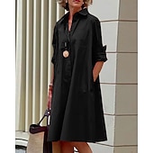 billiga midi svart klänning-skjortklänning för kvinnor fritidsklänning skiftklänning midiklänning utomhus vinterklänning daglig polyester elegant ledig skjortkrage ficka rullad manschett långärmad sommar vinter höst vår 2023 lös passform röd