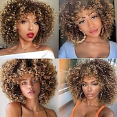 baratos Perucas de Qualidade Superior-perucas afro loiras cacheadas para mulheres negras, peruca loira crespa com franja cabelo sintético resistente ao calor para uso diário