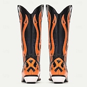 cheap Cowboy &amp; Western Boots-Men&#039;s Black and Orange Mid-Calf Western Cowboy Boots - Bold Flame Design with High-Gloss Finish for Rodeo and Fashion Wear