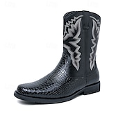 levne Cowboy &amp; Western Boots-pánské hnědé westernové kovbojské boty s krokodýlí texturou a vyšívaným svrškem z umělé kůže, ideální na ranč a venkovní nošení