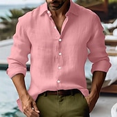 preiswerte Urlaub-Herren Hemd leinenhemd Sommerhemd Strandhemd Knopfhemd Glatt Urlaub Curise Schwarz Rosa Grün Grau Langarm Kragen Frühling Sommer Bekleidung
