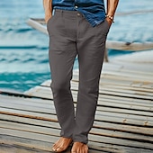 お買い得  休日-男性用 リネンパンツ ズボン スーツ サマーパンツ ビーチパンツ フロントポケット まっすぐな足 平織り 履き心地よい 高通気性 全長 フォーマル ビジネス 祝日 ファッション ベーシック ブラック ホワイト 伸縮性なし