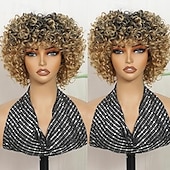 baratos Perucas de Qualidade Superior-perucas curtas crespas cacheadas com franja para mulheres negras perucas sintéticas cacheadas fibra de alta temperatura peruca afro curta cacheada