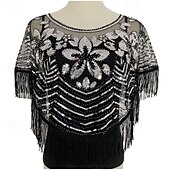 baratos Xailes-xale vintage glamour - respirável, enfeitado com lantejoulas, com borlas, estilo elegante estilo flapper com casaco combinando para uso noturno feminino - fino, curto, design de bata, perfeito para