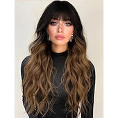 abordables Perruques Synthétiques Sans Bonnet-perruque avec frange longue perruque ondulée pour femme perruque en cheveux synthétiques pour une utilisation quotidienne en soirée