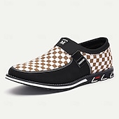 abordables Occasionnel-mocassins à enfiler à carreaux marron et blanc pour hommes avec similicuir et toile, chaussures décontractées confortables à porter au quotidien
