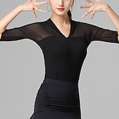 cheap Tops &amp; Sets-Latin Dance Top Pure Color Splicing Tulle Women&#039;s Performance Training Half Sleeve High Polyester