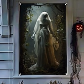 cheap Halloween Wall Tapestries-Halloween Window Cover Decorations, Fabric Ghost Bride Creepy Halloween Curtain Horror Movie Poster Window Door Covering Decor for Haunted House, Scary Halloween Window Clings Decals Indoor Outdoor