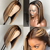 economico Parrucche lace front capelli veri-parrucca in pizzo 13x4 con mèches parrucca corta dritta parrucca frontale in pizzo trasparente parrucche per capelli umani per donne con mèches ombré