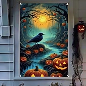 cheap Wall Tapestries-Halloween Window Cover Decorations, Fabric Stained Glass Pumpkin Halloween Curtain Poster Window Door Covering Decor for Haunted House, Scary Halloween Window Clings Decals Indoor Outdoor