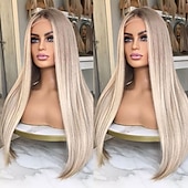 baratos Perucas de seda frontais de cabelo natural-Cabelo humano remy 13x4 Lace Front Peruca Parte do meio Cabelo Brasileiro Liso Seda Multi Cores Peruca 130% 150% Densidade do Cabelo com o cabelo do bebê Cabelo com Luzes / Reflexos Riscas Naturais