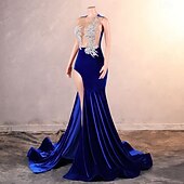 cheap Weddings &amp; Events-Mermaid Evening Gown Elegant Dress Evening Party Engagement Court Train Sleeveless Jewel Neck Velvet with Appliques