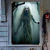 cheap Halloween Wall Tapestries-Halloween Window Cover Decorations, Fabric Ghost Bride Creepy Halloween Curtain Horror Movie Poster Window Door Covering Decor for Haunted House, Scary Halloween Window Clings Decals Indoor Outdoor