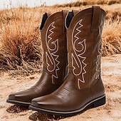 levne Cowboy &amp; Western Boots-pánské klasické hnědé westernové kovbojské boty – odolná kůže s detailní výšivkou pro outdoorové i běžné nošení