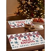 abordables Figuras coleccionables-Juego de 4 manteles individuales navideños de algodón y lino para mesa de Navidad de temporada de invierno con muñeco de nieve &amp;Diseño de reno para decoración de interiores y exteriores, para fiestas,