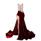 cheap Weddings &amp; Events-Mermaid Evening Gown Elegant Dress Evening Party Engagement Court Train Sleeveless Jewel Neck Velvet with Appliques