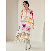 cheap Print Casual Dress-Satin Leopard Print Button Up Crew Neck Casual Daily Maxi Dress