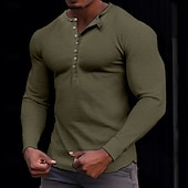 tanie Casualowa koszulka Henley-100% bawełniana męska koszulka henley koszulka z długim rękawem koszula z długim rękawem jednolity kolor modny codzienny guziki henley outdoor casual lato ciemnobrązowy wojskowa zieleń ciemnoszary henley t-shirt