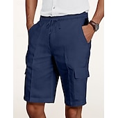 cheap Classic-Men&#039;s Cargo Shorts Shorts Linen Shorts Summer Shorts Beach Shorts Drawstring Elastic Waist Multi Pocket Plain Knee Length Outdoor Casual Daily Vacation Casual Black White Inelastic