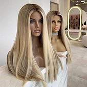 baratos Perucas de seda frontais de cabelo natural-Cabelo humano remy 13x4 Lace Front Peruca Parte do meio Cabelo Brasileiro Liso Seda Multi Cores Peruca 130% 150% Densidade do Cabelo com o cabelo do bebê Cabelo com Luzes / Reflexos Riscas Naturais