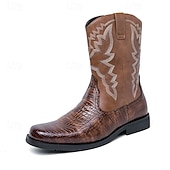 levne Cowboy &amp; Western Boots-pánské hnědé westernové kovbojské boty s krokodýlí texturou a vyšívaným svrškem z umělé kůže, ideální na ranč a venkovní nošení