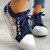 cheap Women&#039;s Sneakers-Charming Blue Lace-Up Sneakers with Floral Lace Detail - Stylish Women&#039;s Footwear with Polka Dot Accents, Perfect for Casual Outings